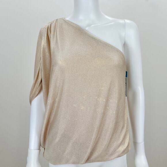 Alice+Olivia Hannah Metallic One Shoulder Top Draped Stretch Champagne M NWT - Picture 1 of 9